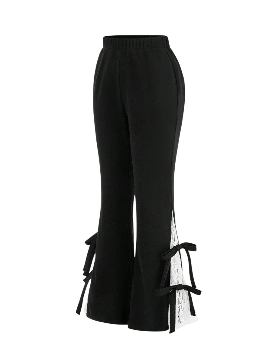 High Waisted Lace Spliced Flare Pants With Bow Detail Decor Fashionable And Sweet