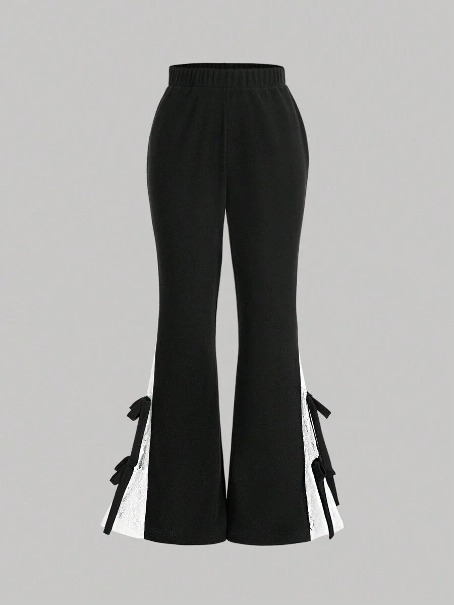 High Waisted Lace Spliced Flare Pants With Bow Detail Decor Fashionable And Sweet