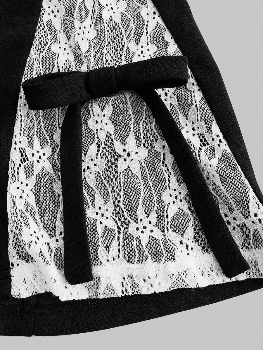High Waisted Lace Spliced Flare Pants With Bow Detail Decor Fashionable And Sweet