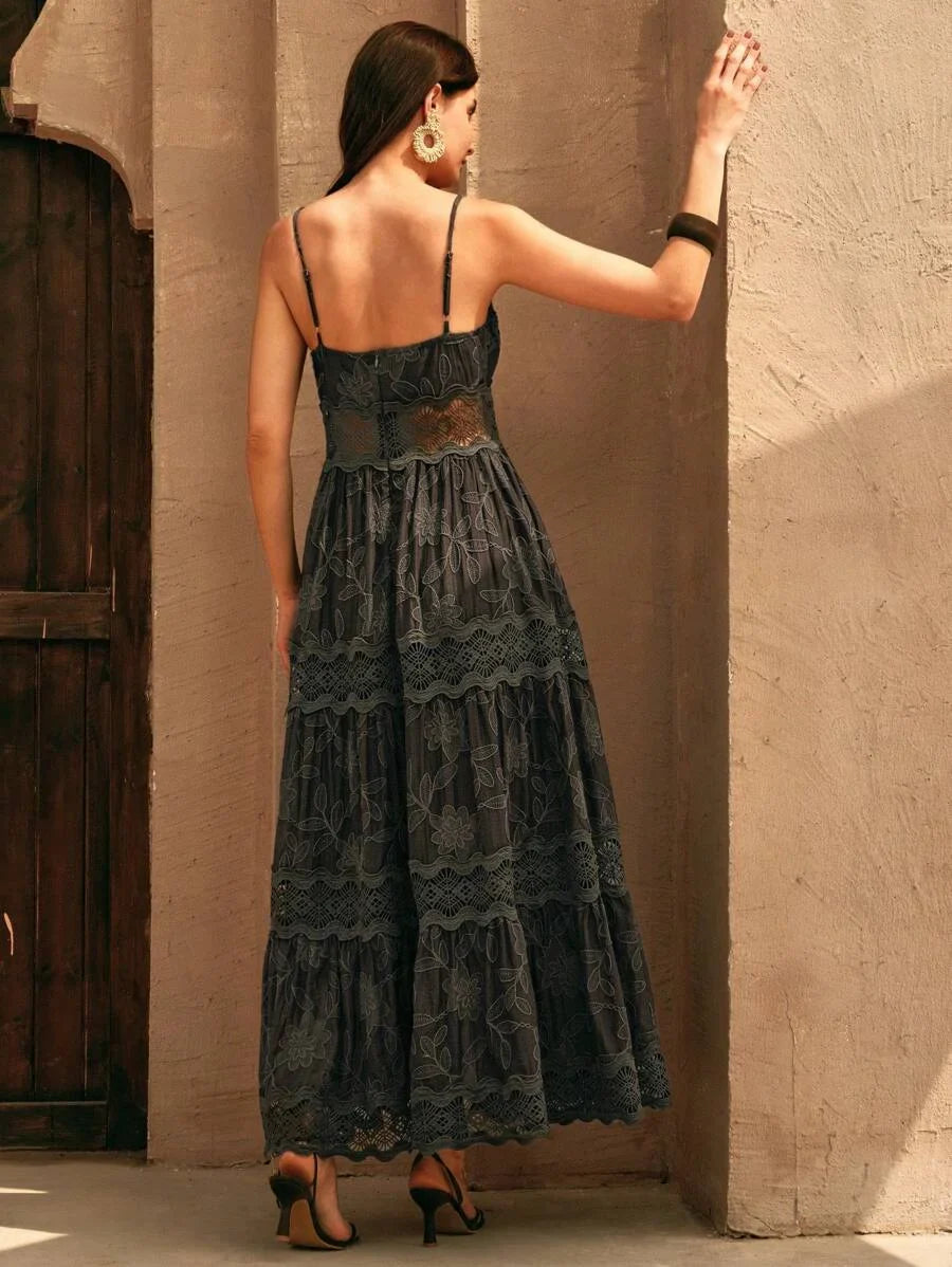 Holiday Womens Elegant Embroidered Solid Color VNeck Spaghetti Strap ALine Dress Suitable For Party