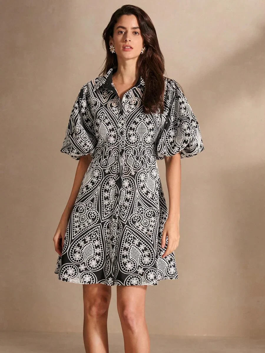 Hollow Out Embroidered Puff Sleeve Shirt Collar Elegant Dress