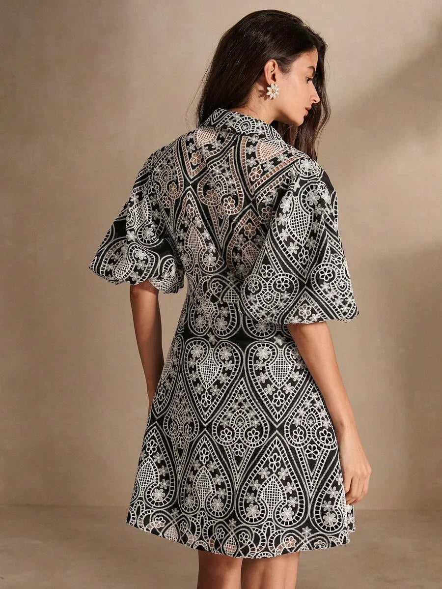 Hollow Out Embroidered Puff Sleeve Shirt Collar Elegant Dress