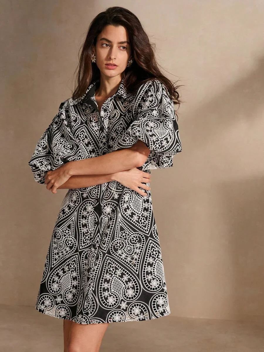 Hollow Out Embroidered Puff Sleeve Shirt Collar Elegant Dress