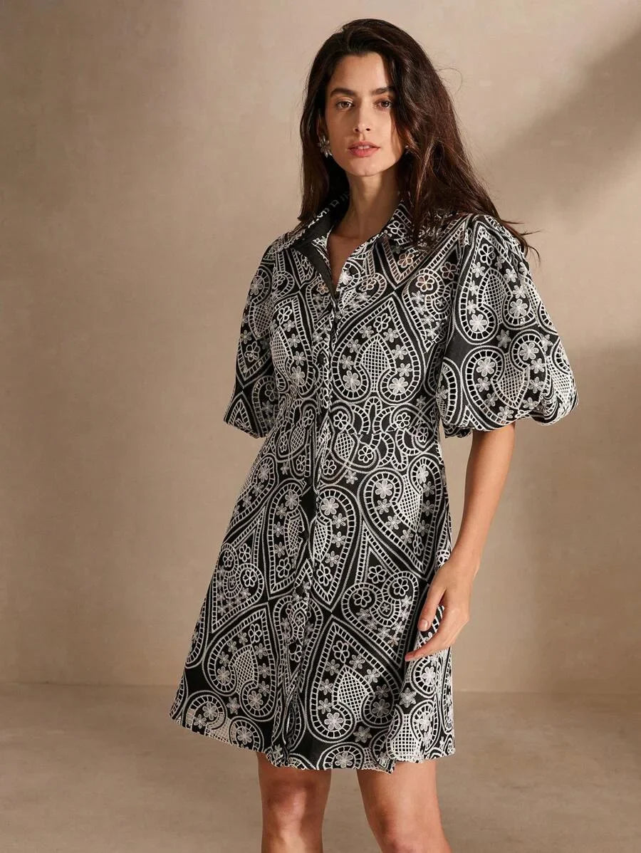 Hollow Out Embroidered Puff Sleeve Shirt Collar Elegant Dress