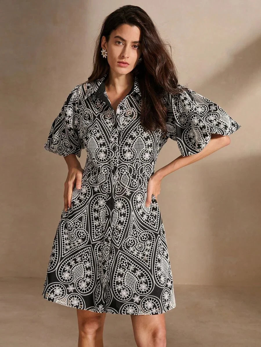 Hollow Out Embroidered Puff Sleeve Shirt Collar Elegant Dress