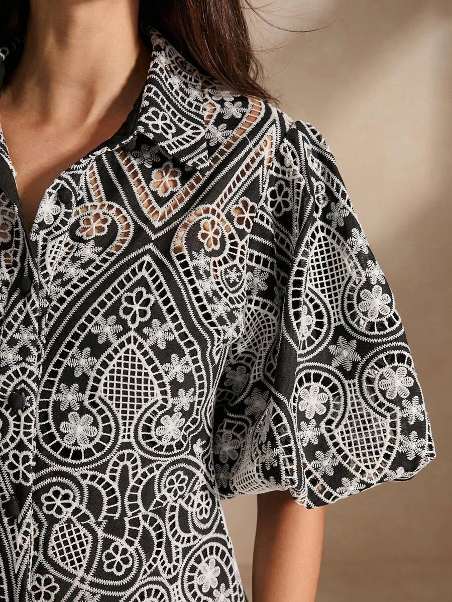 Hollow Out Embroidered Puff Sleeve Shirt Collar Elegant Dress
