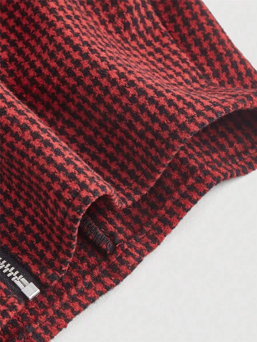 Houndstooth Printed Sweetheart Neckline Long Sleeve Shirt