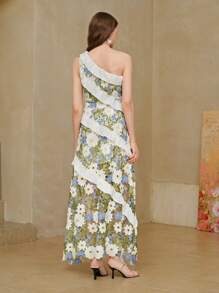 Ambrogina Maxi Dress - Asymmetrical Neck - High Waist - Ruffle Details - Elegant Style - Floral Print