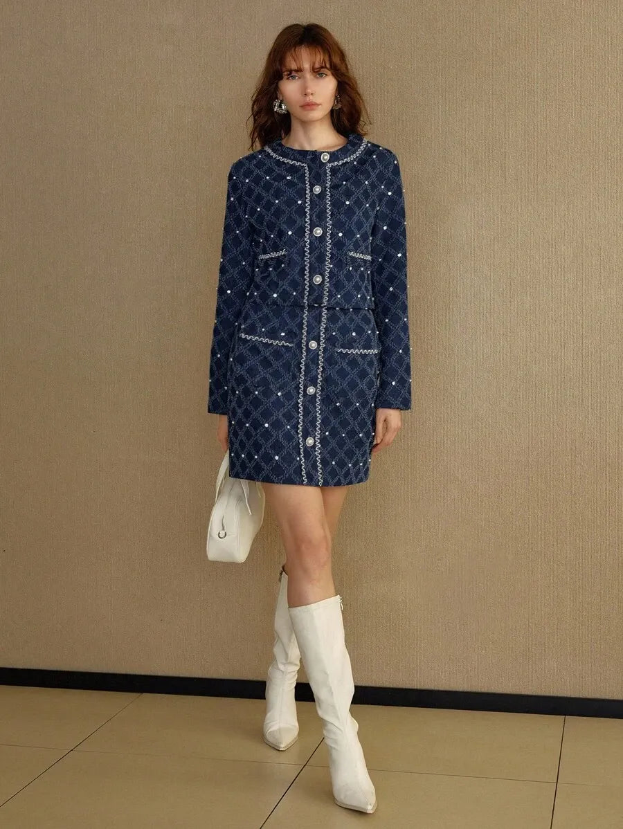 Donatella Denim Set - Round Neck - Button Front - Elegant Style - Crop Top - Mini Skirt