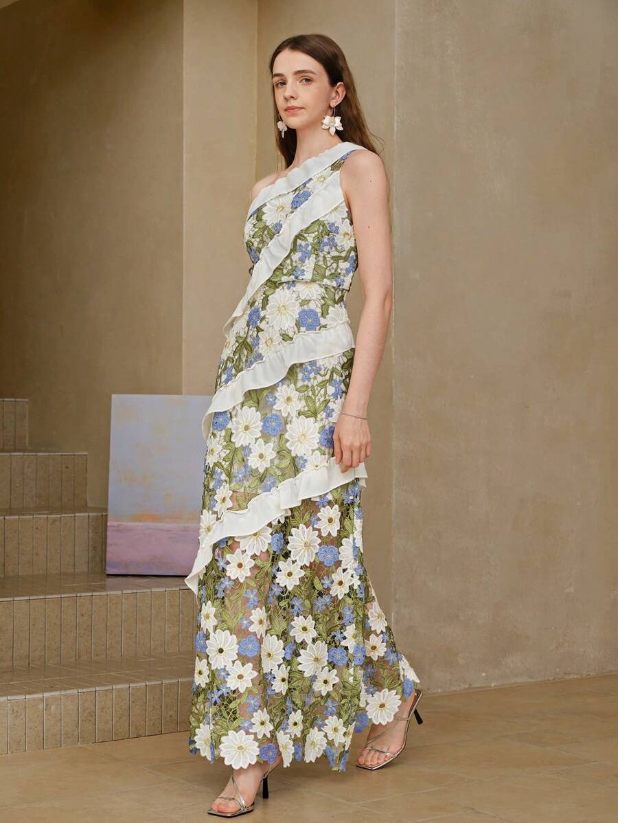 Ambrogina Maxi Dress - Asymmetrical Neck - High Waist - Ruffle Details - Elegant Style - Floral Print