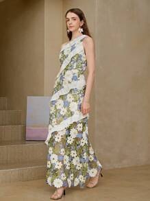 Ambrogina Maxi Dress - Asymmetrical Neck - High Waist - Ruffle Details - Elegant Style - Floral Print