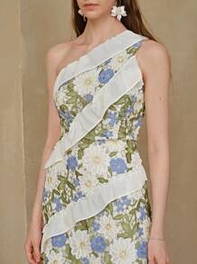 Ambrogina Maxi Dress - Asymmetrical Neck - High Waist - Ruffle Details - Elegant Style - Floral Print