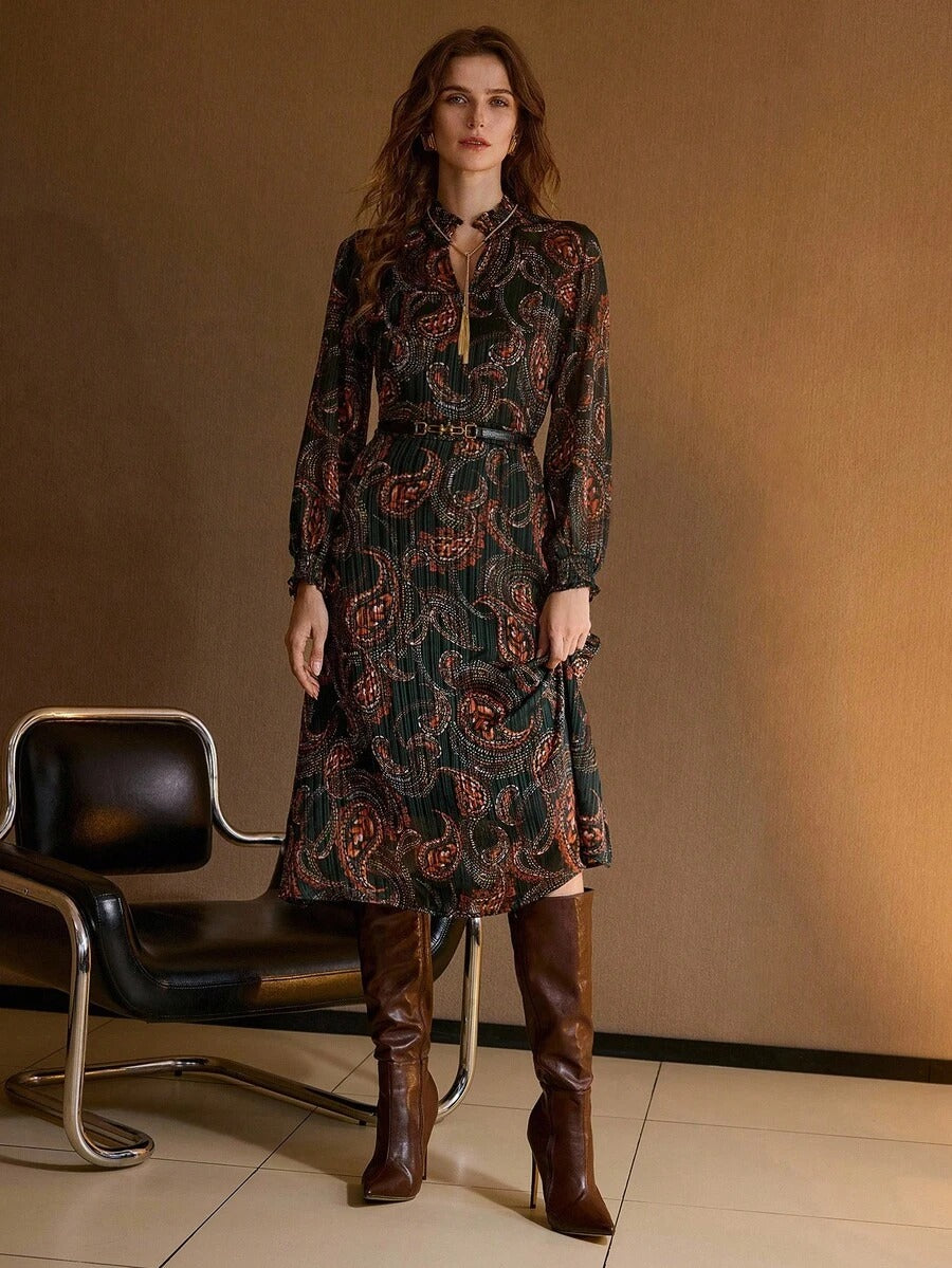 Stefania Maxi Dress - Notched Neckline - Bishop Sleeve - High Waist - A Line - Belted Chain Tape - Folk-Custom