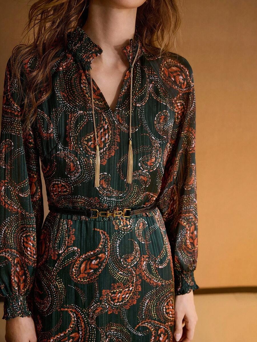 Stefania Maxi Dress - Notched Neckline - Bishop Sleeve - High Waist - A Line - Belted Chain Tape - Folk-Custom