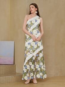 Ambrogina Maxi Dress - Asymmetrical Neck - High Waist - Ruffle Details - Elegant Style - Floral Print