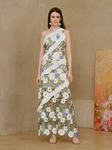 Ambrogina Maxi Dress - Asymmetrical Neck - High Waist - Ruffle Details - Elegant Style - Floral Print