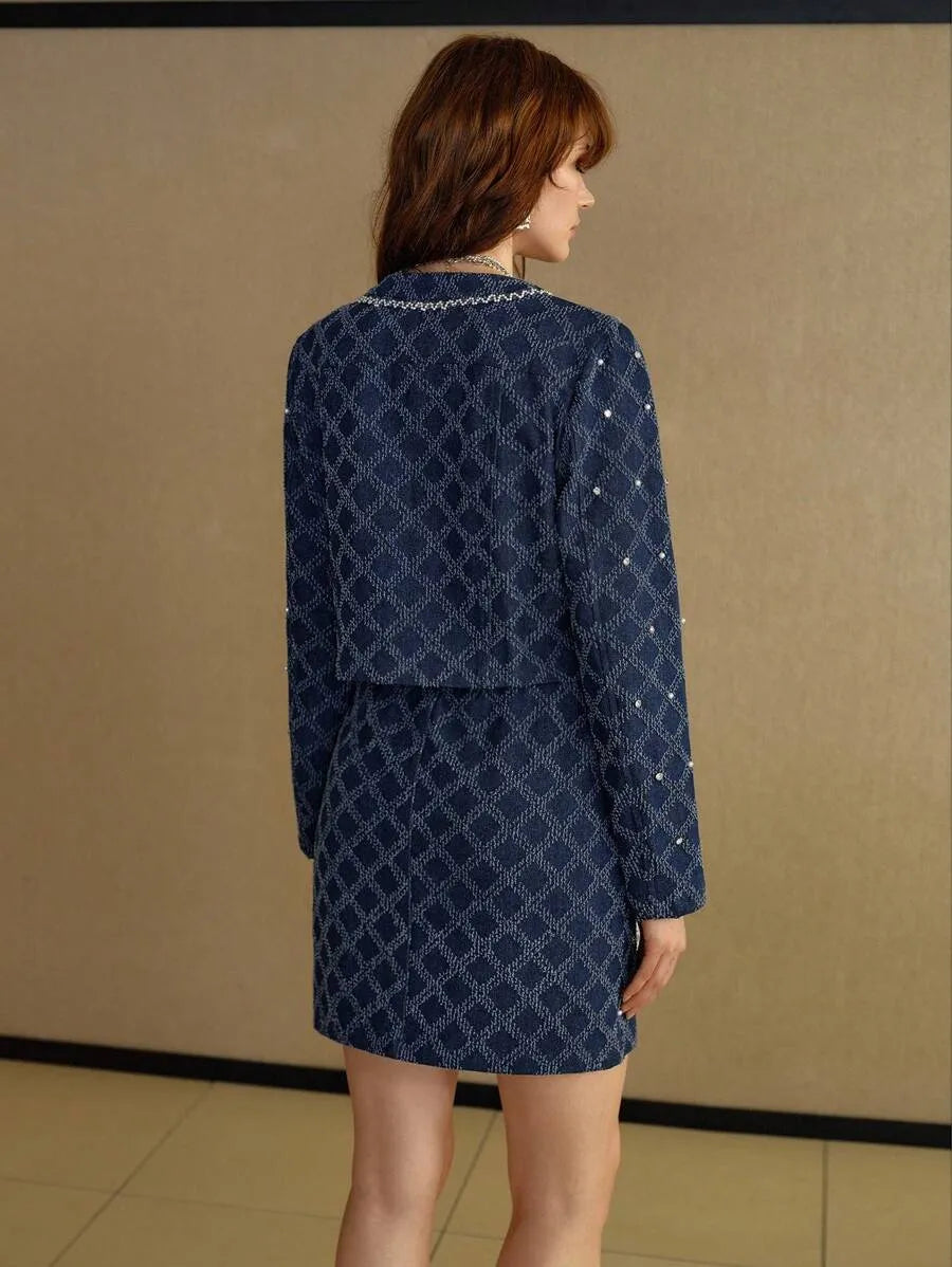 Donatella Denim Set - Round Neck - Button Front - Elegant Style - Crop Top - Mini Skirt