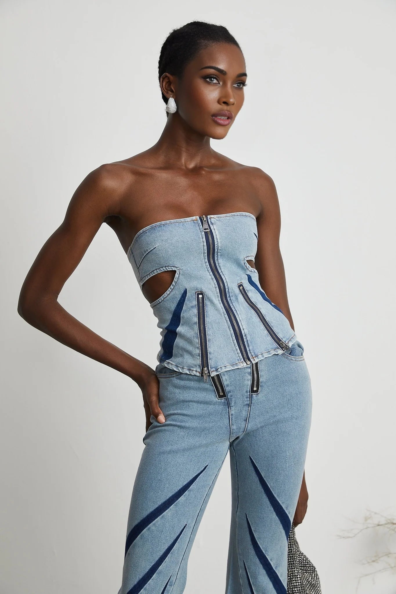 Inès colorblocked denim top jeans matching set