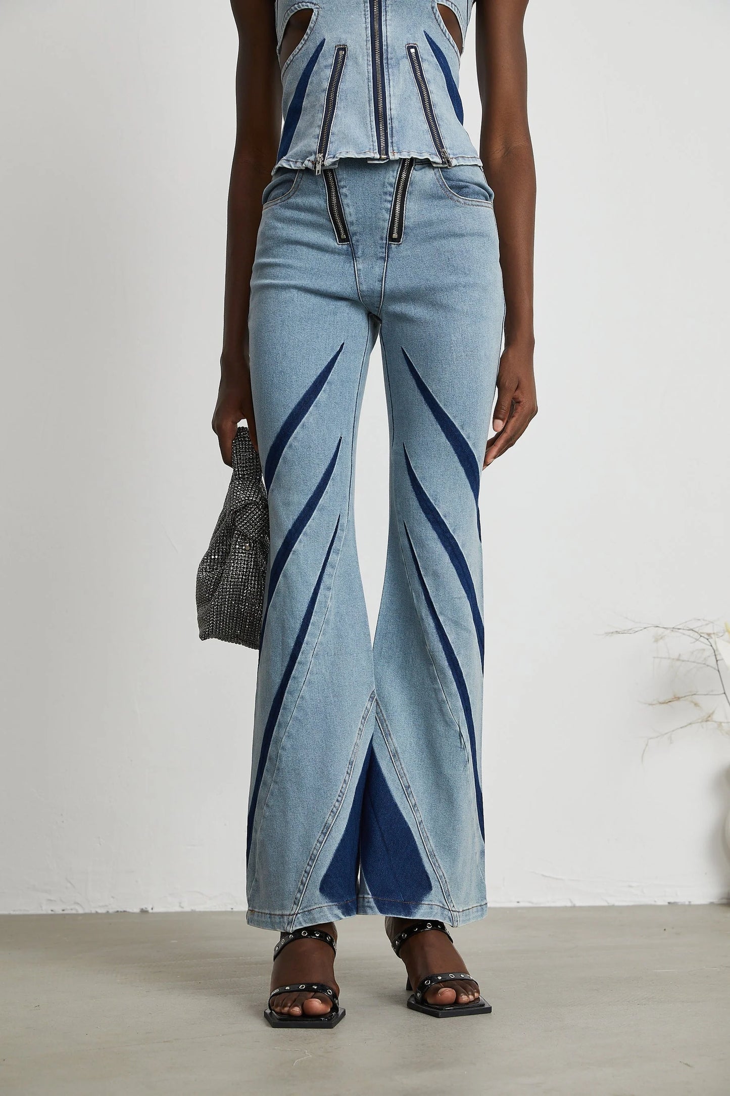 Inès colorblocked denim top jeans matching set
