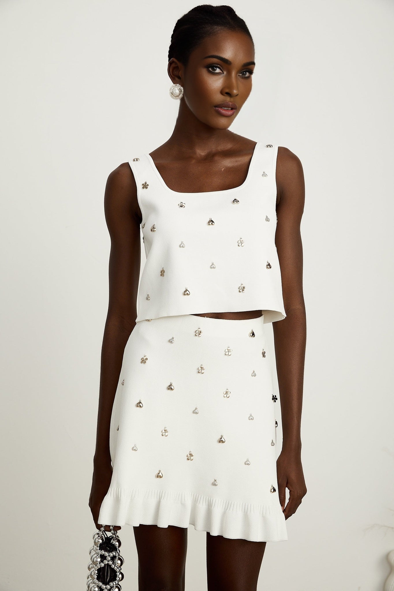 Inès embellished knitted top skirt matching set