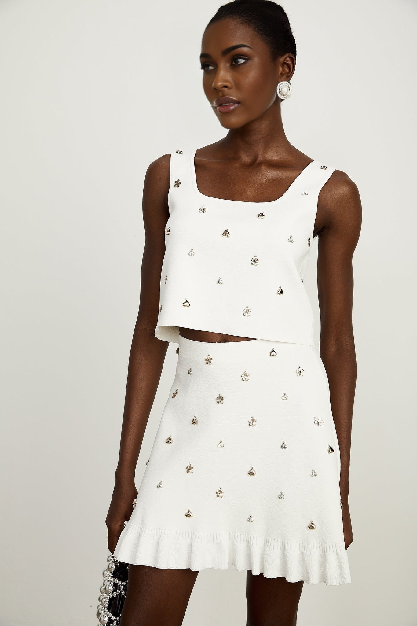 Inès embellished knitted top skirt matching set