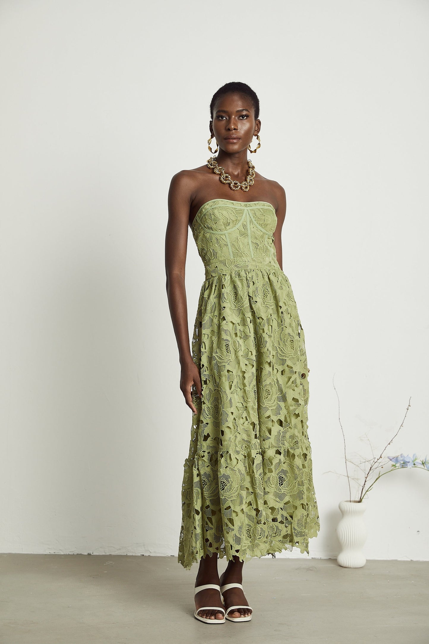 Inès lace floral embroidered cutout midi dress