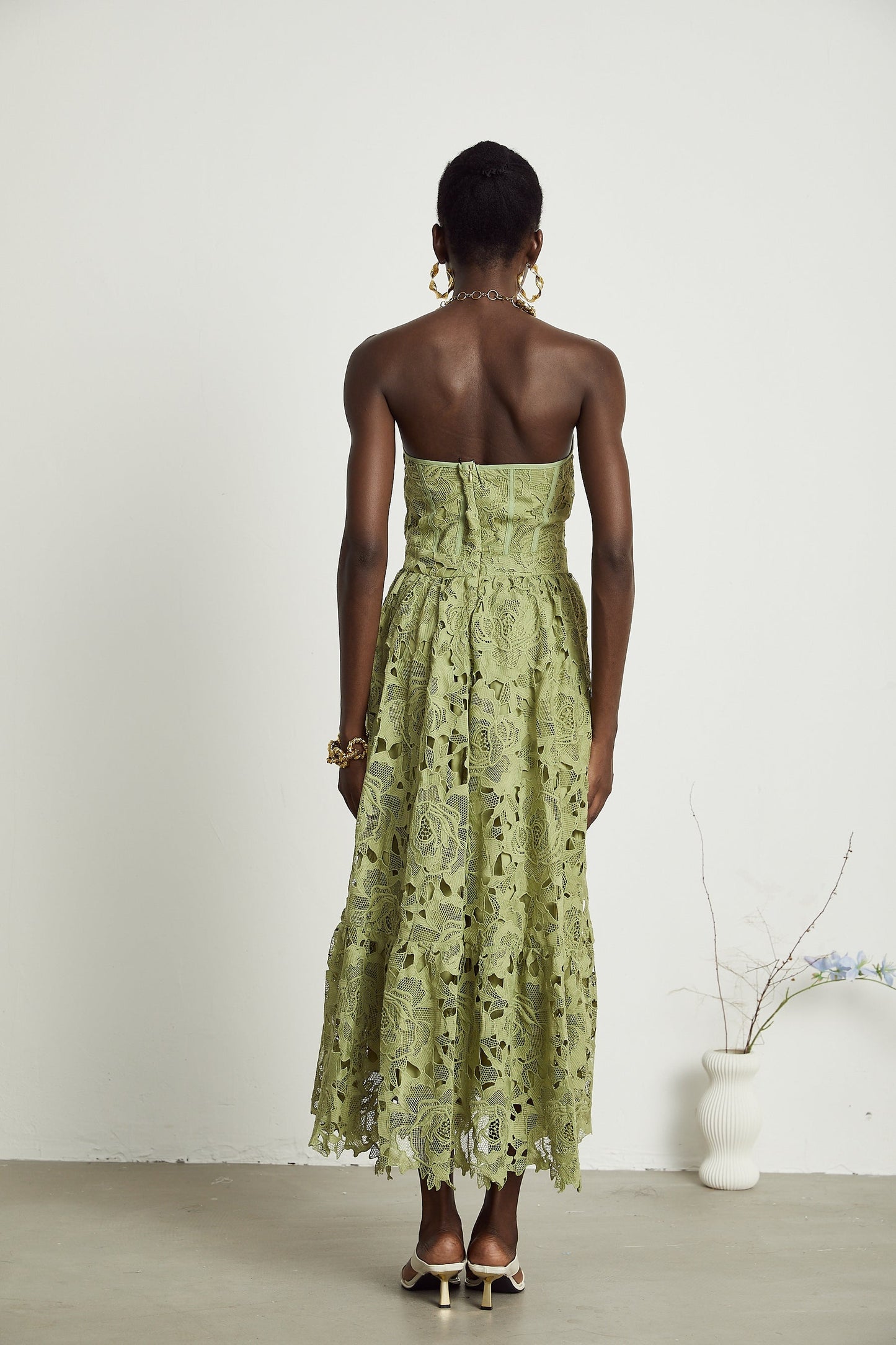 Inès lace floral embroidered cutout midi dress
