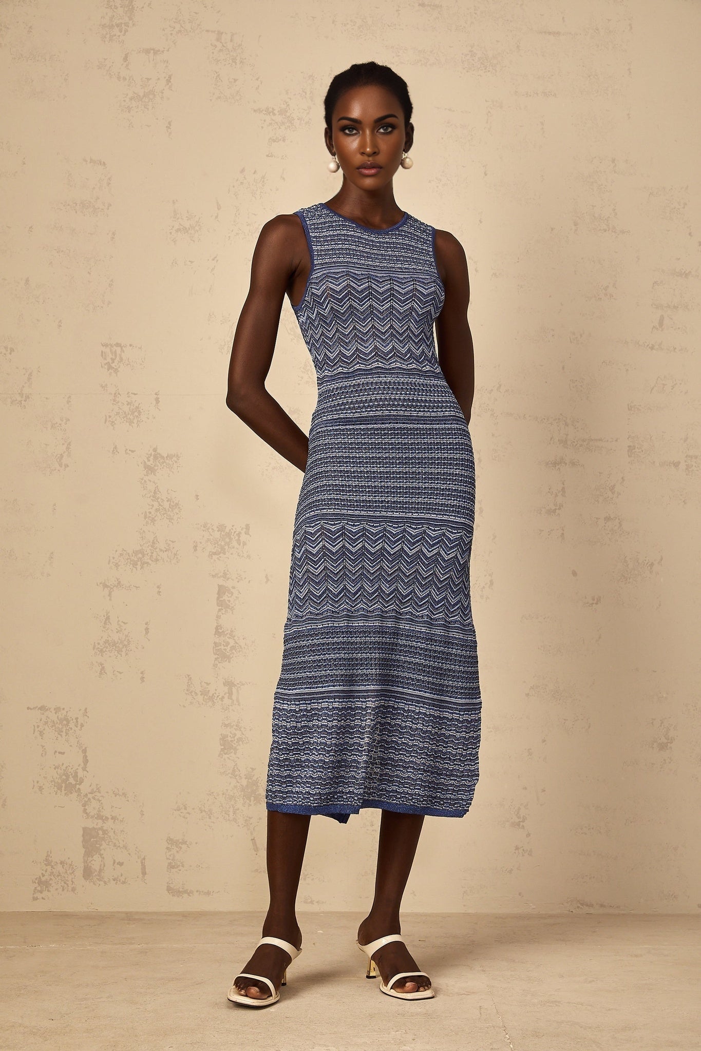 Ingrid womens blue midi dress with wavy crochet knit pattern