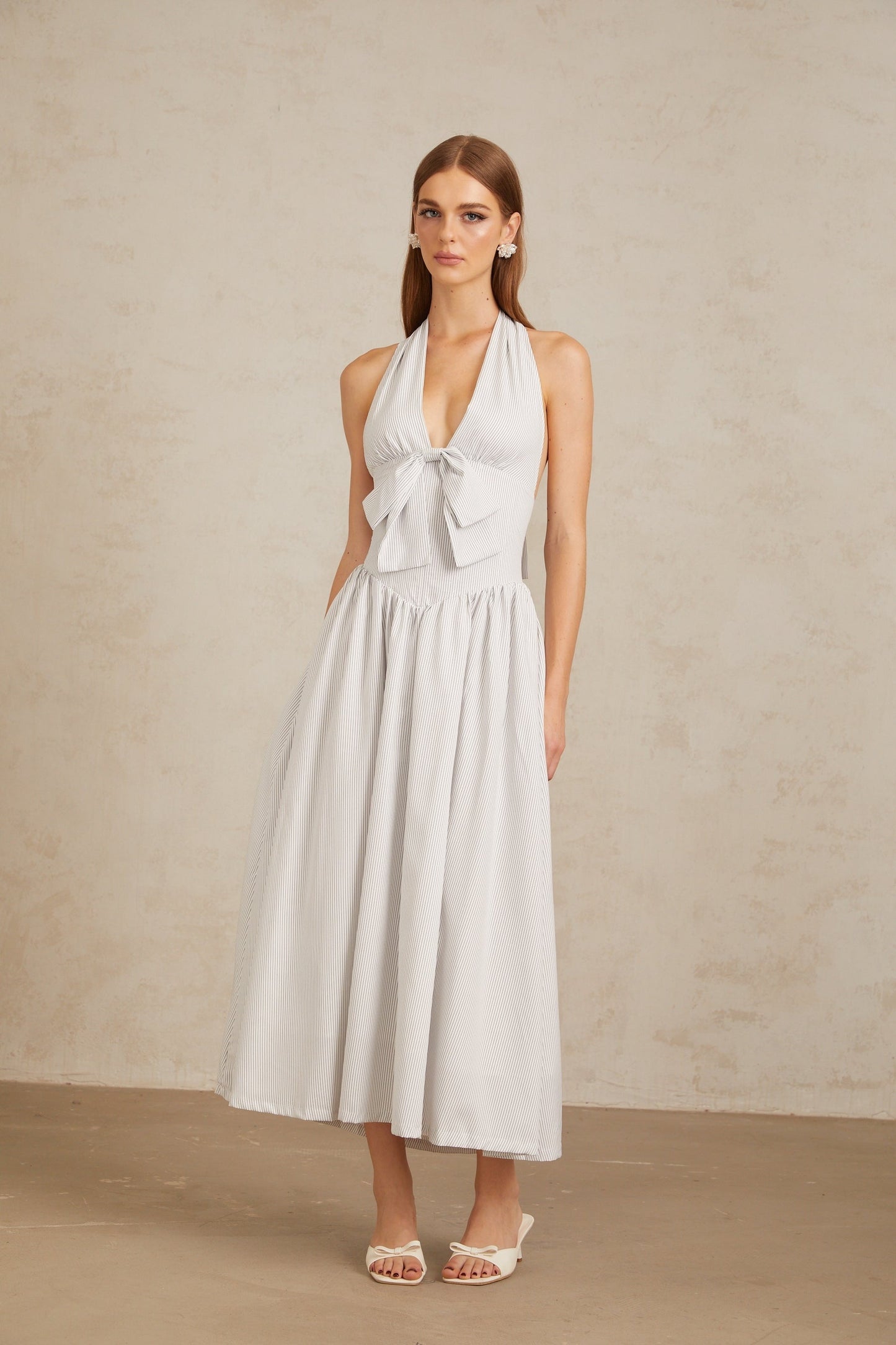 Inkeri White Stripe Pattern Halterneck Midi Dress