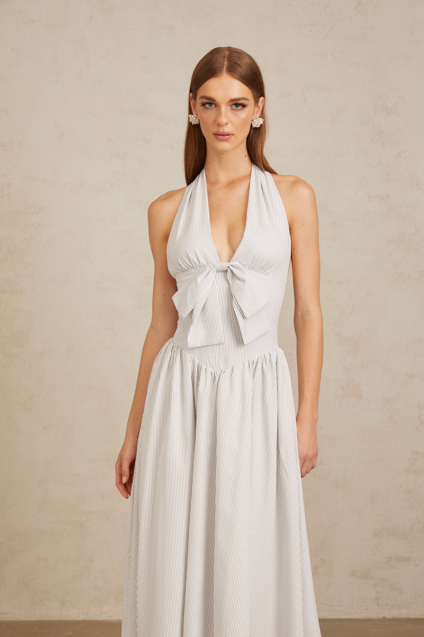 Inkeri White Stripe Pattern Halterneck Midi Dress