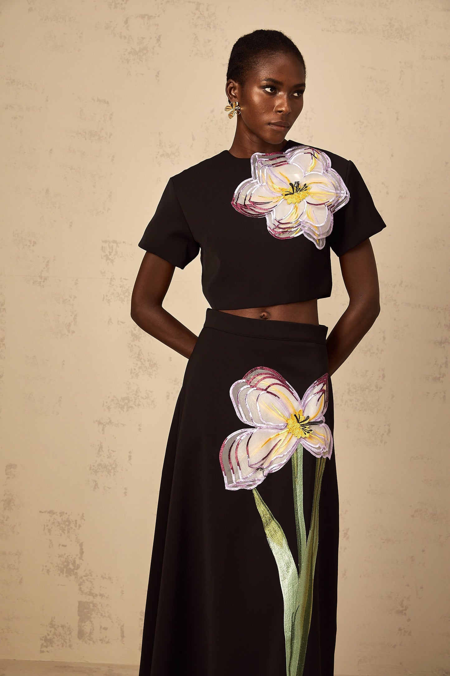 Irène Black Sequin Floral Embroidered Matching Set