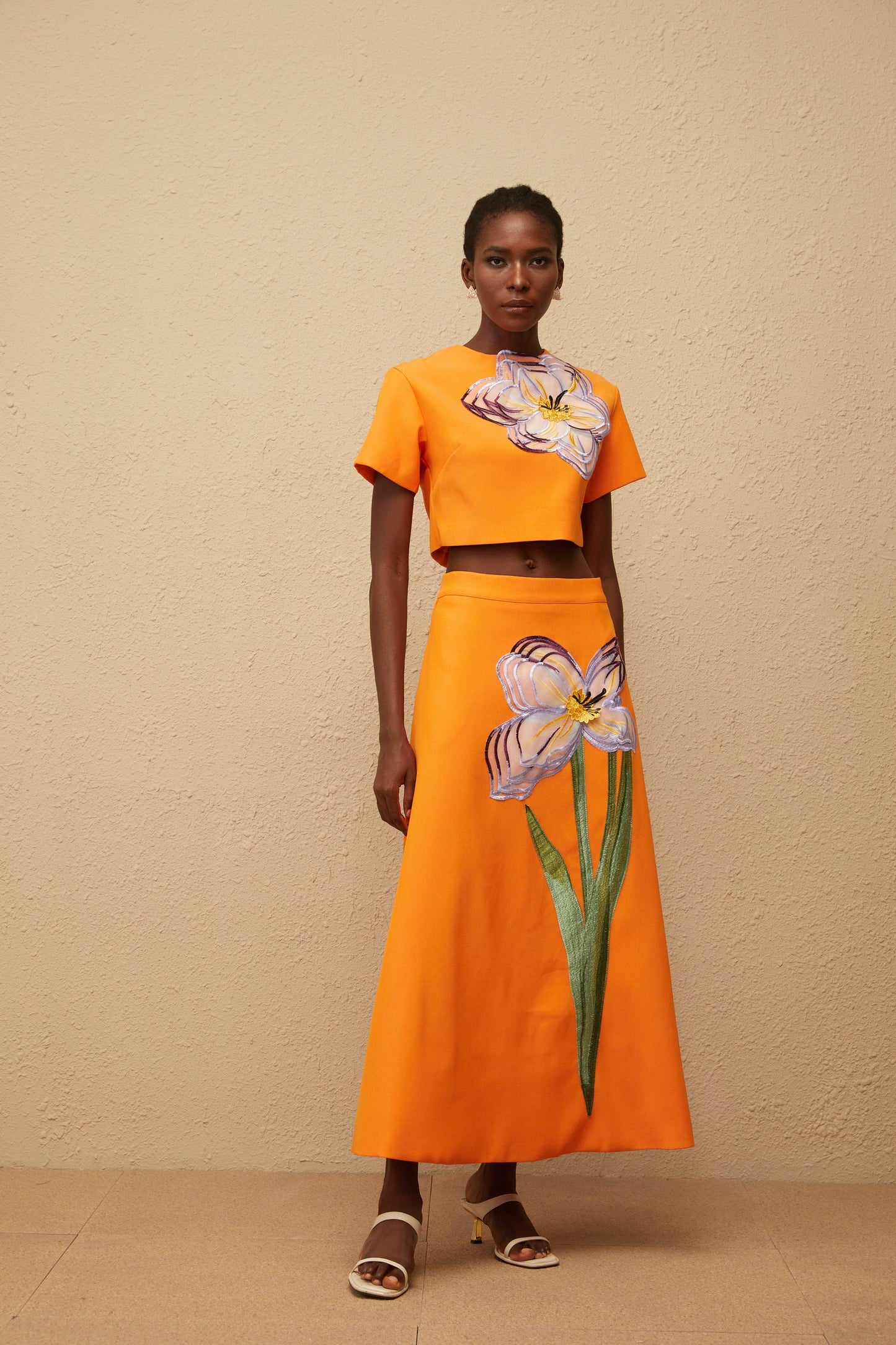 Irène Orange Sequin Floral Embroidered Matching Set