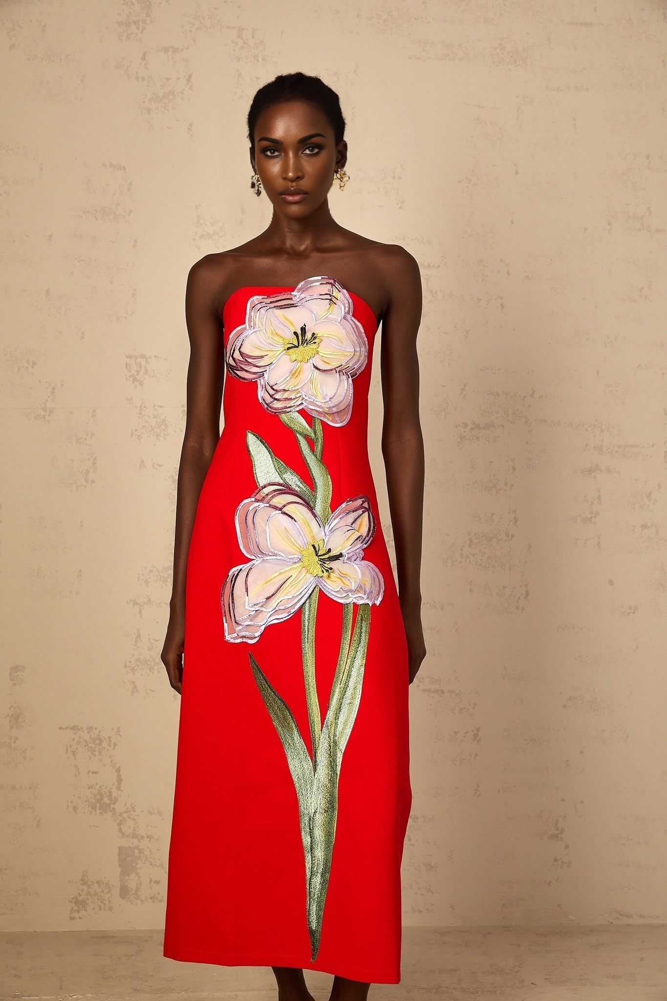 Irène Sequin Embroidered OffShoulder Midi Dress in Red