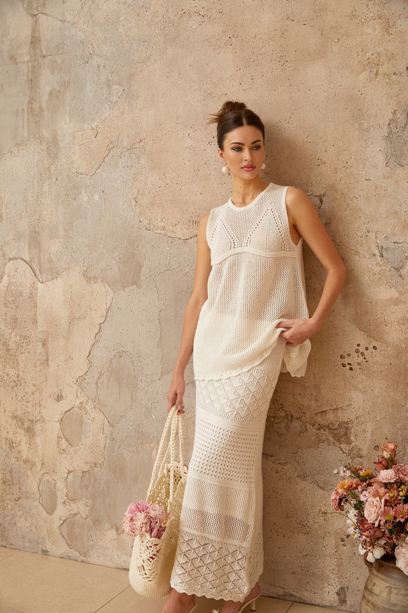 Irène White Cutout Crochet Knit TwoPiece Top and Skirt