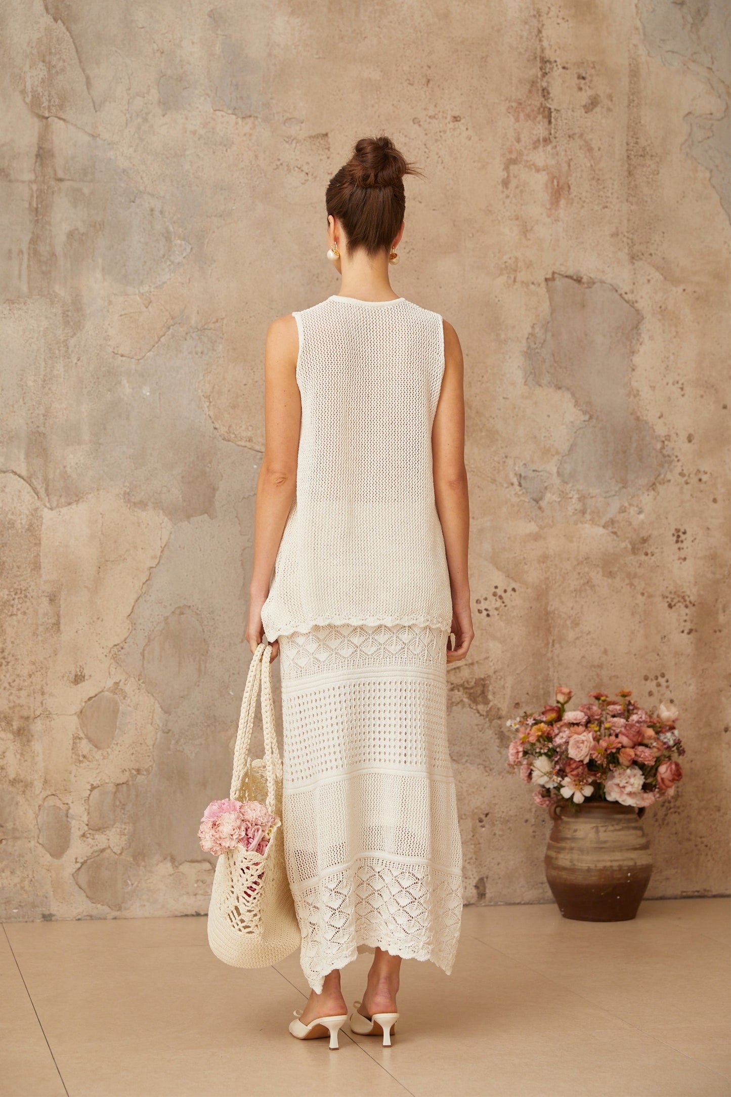 Irène White Cutout Crochet Knit TwoPiece Top and Skirt