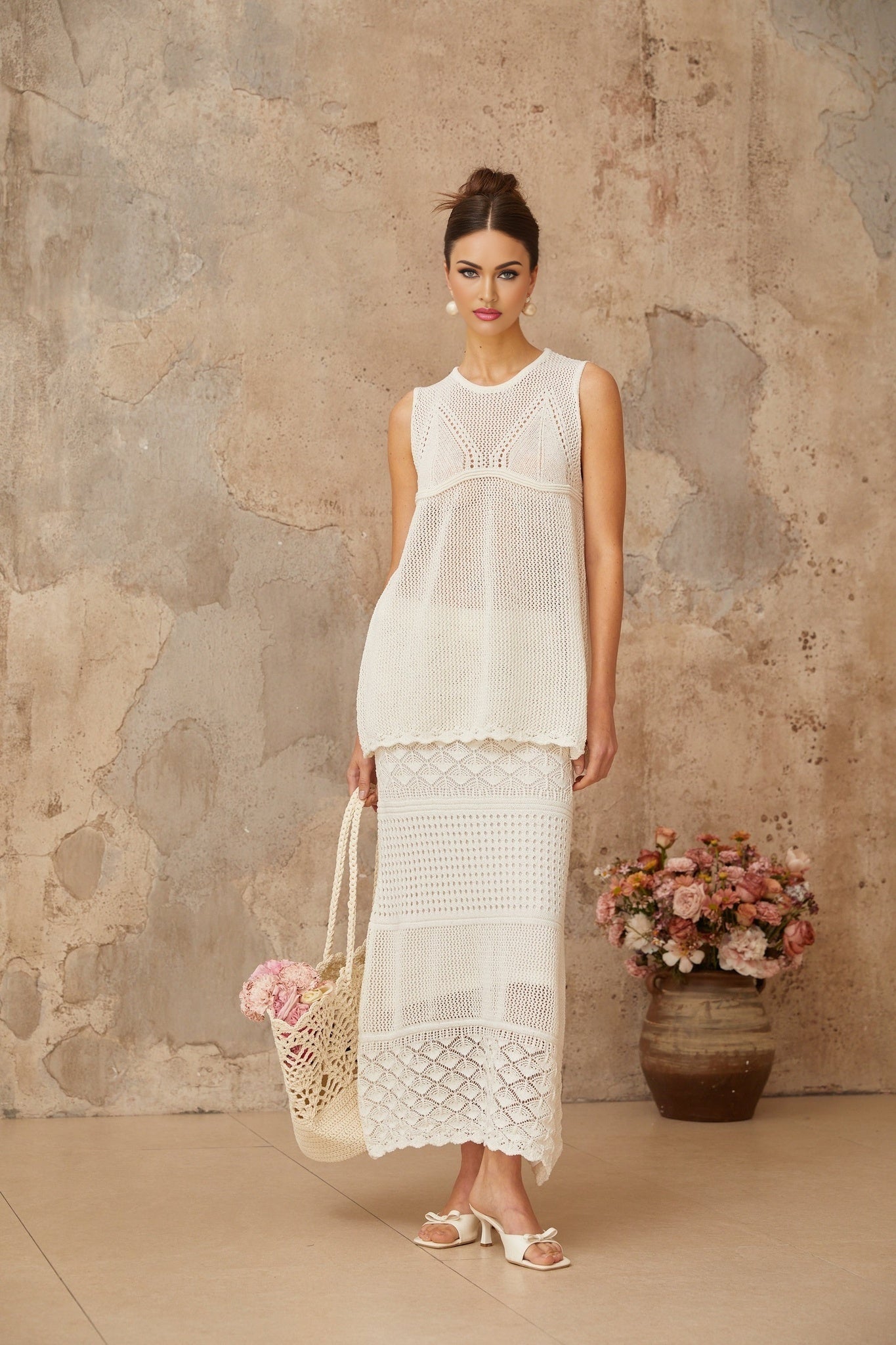 Irène White Cutout Crochet Knit TwoPiece Top and Skirt
