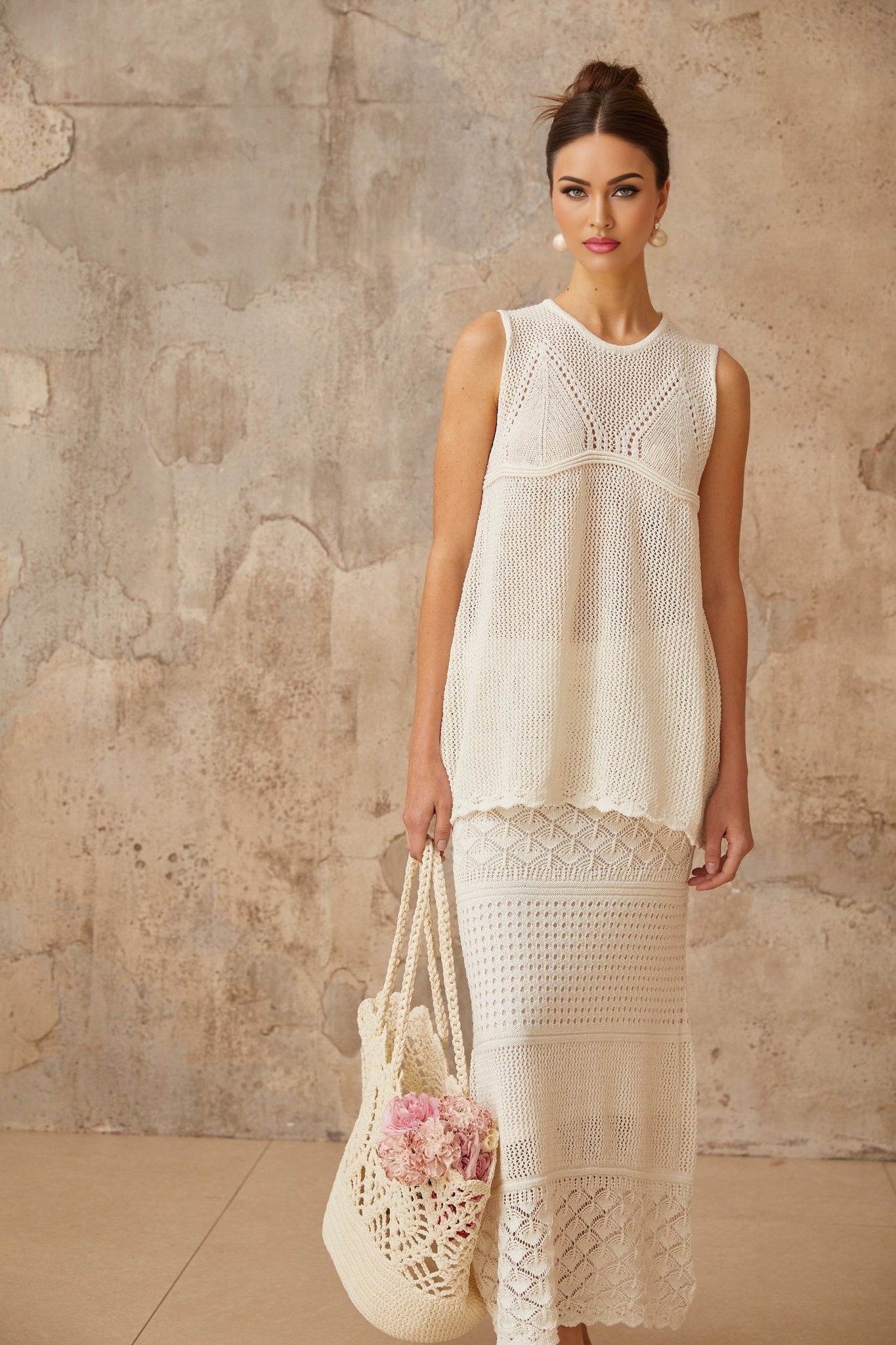 Irène White Cutout Crochet Knit TwoPiece Top and Skirt