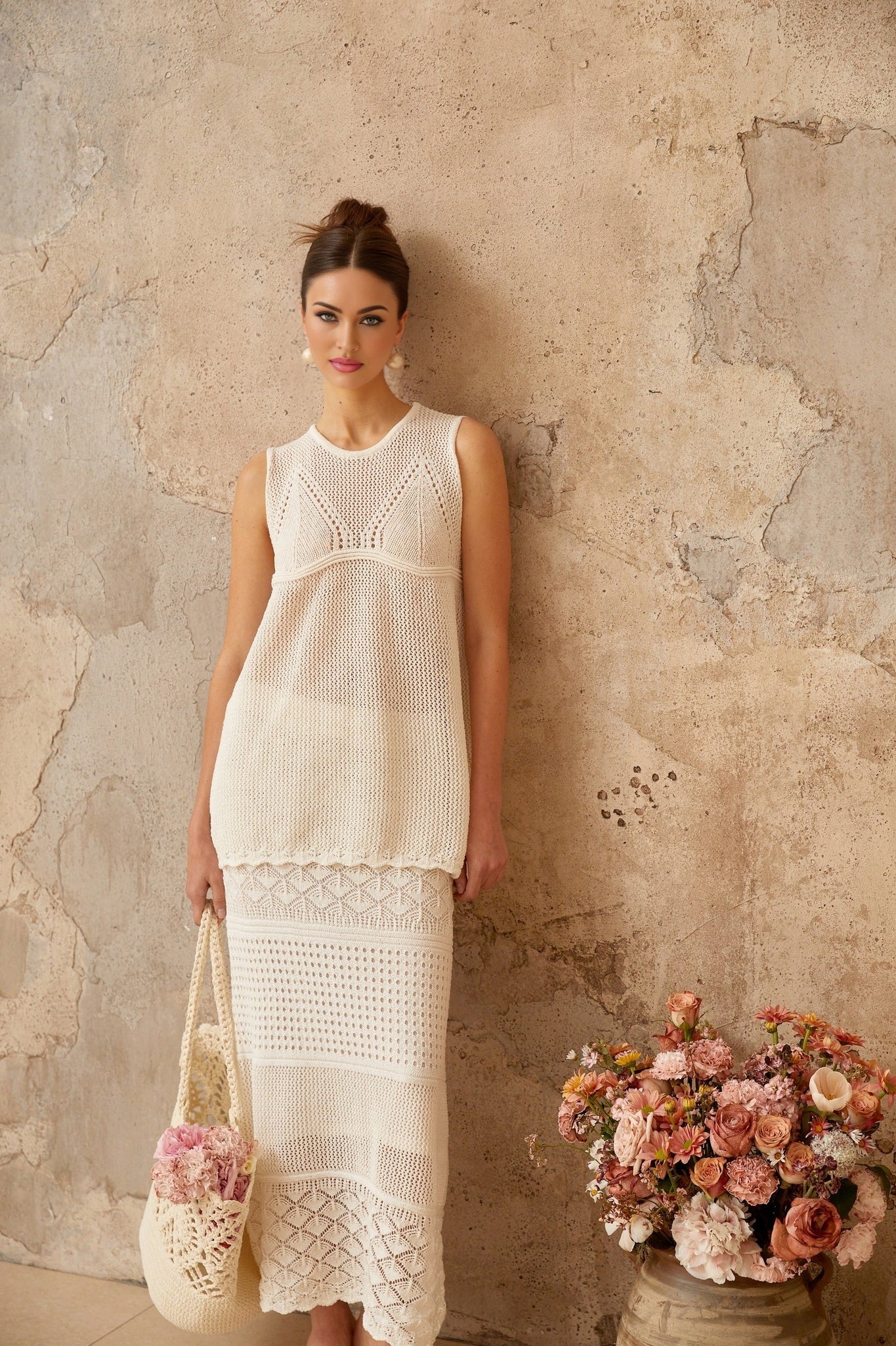 Irène White Cutout Crochet Knit TwoPiece Top and Skirt