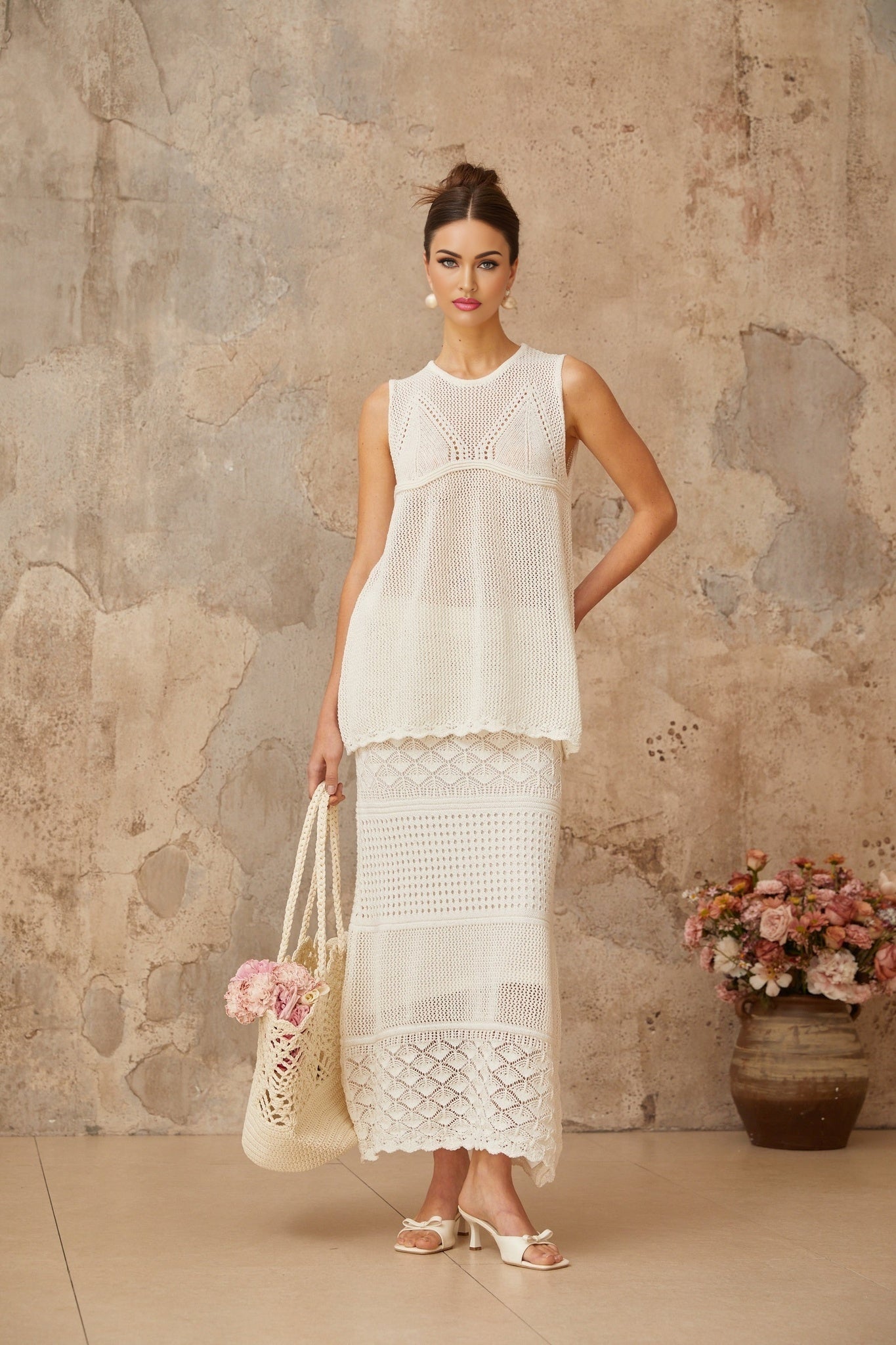 Irène White Cutout Crochet Knit TwoPiece Top and Skirt