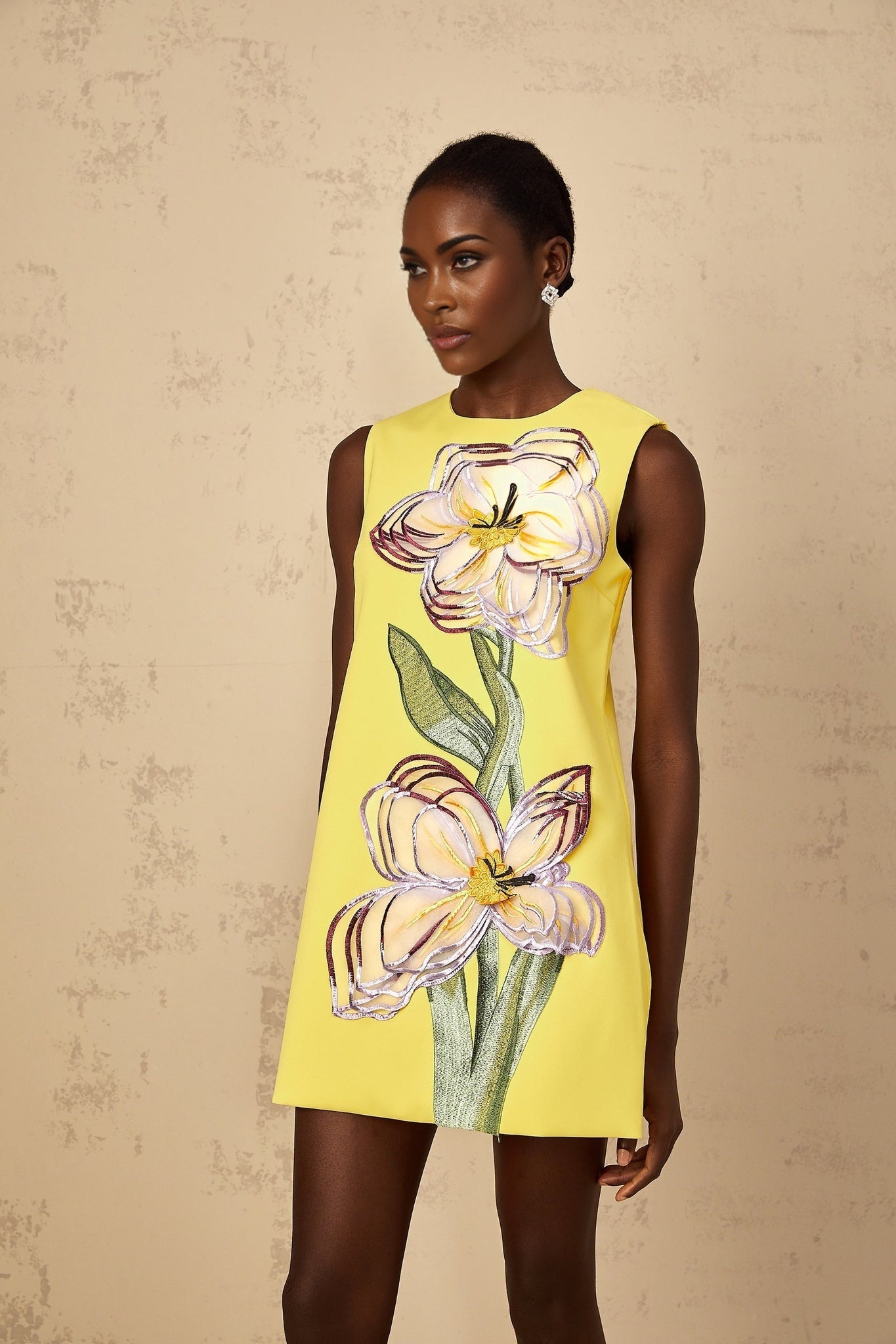 Irène Womens Yellow Sequin Floral Embroidered Mini Dress