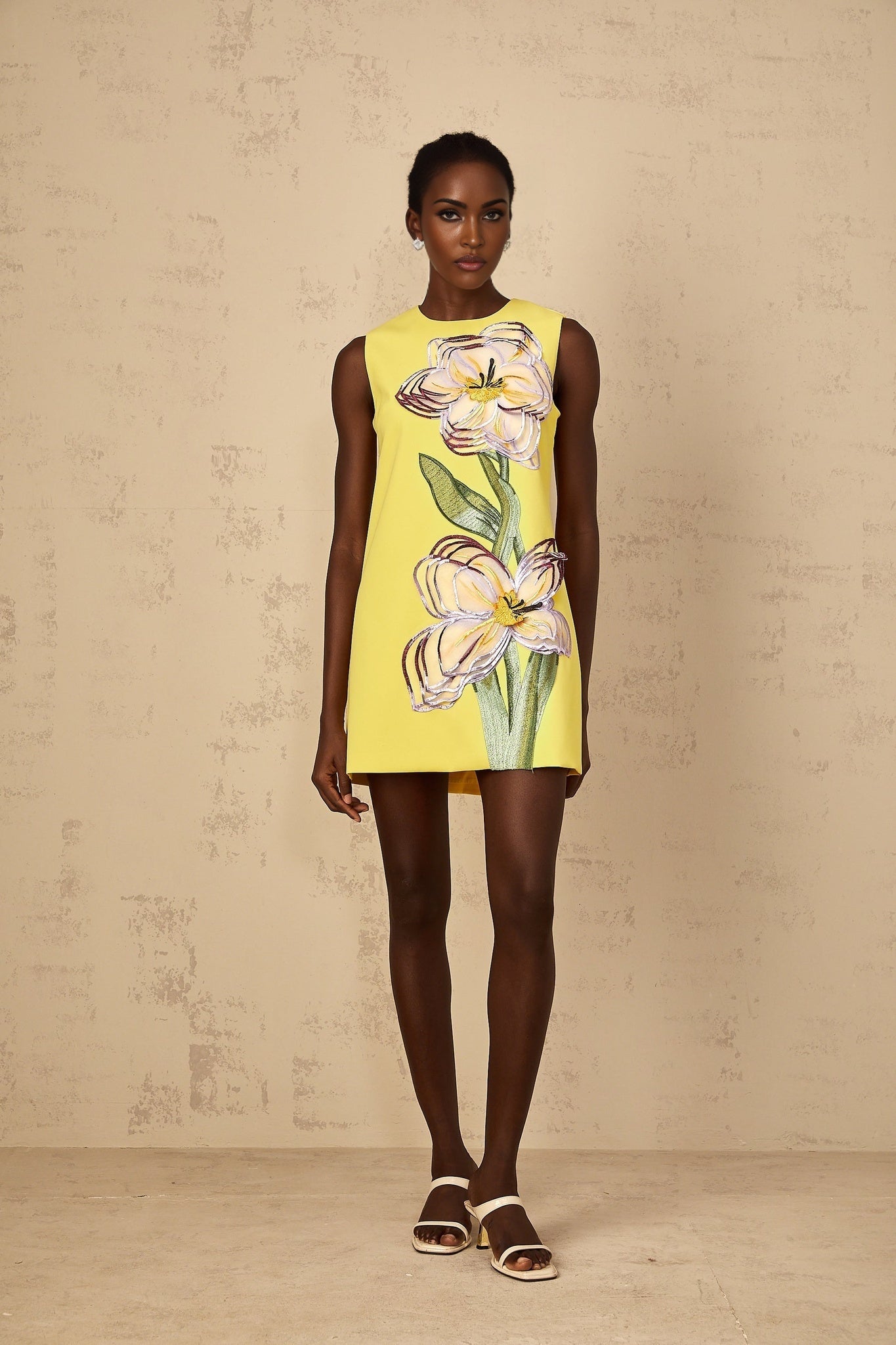 Irène Womens Yellow Sequin Floral Embroidered Mini Dress