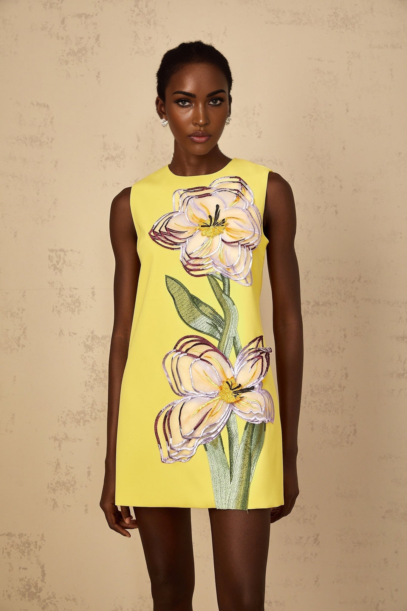 Irène Womens Yellow Sequin Floral Embroidered Mini Dress