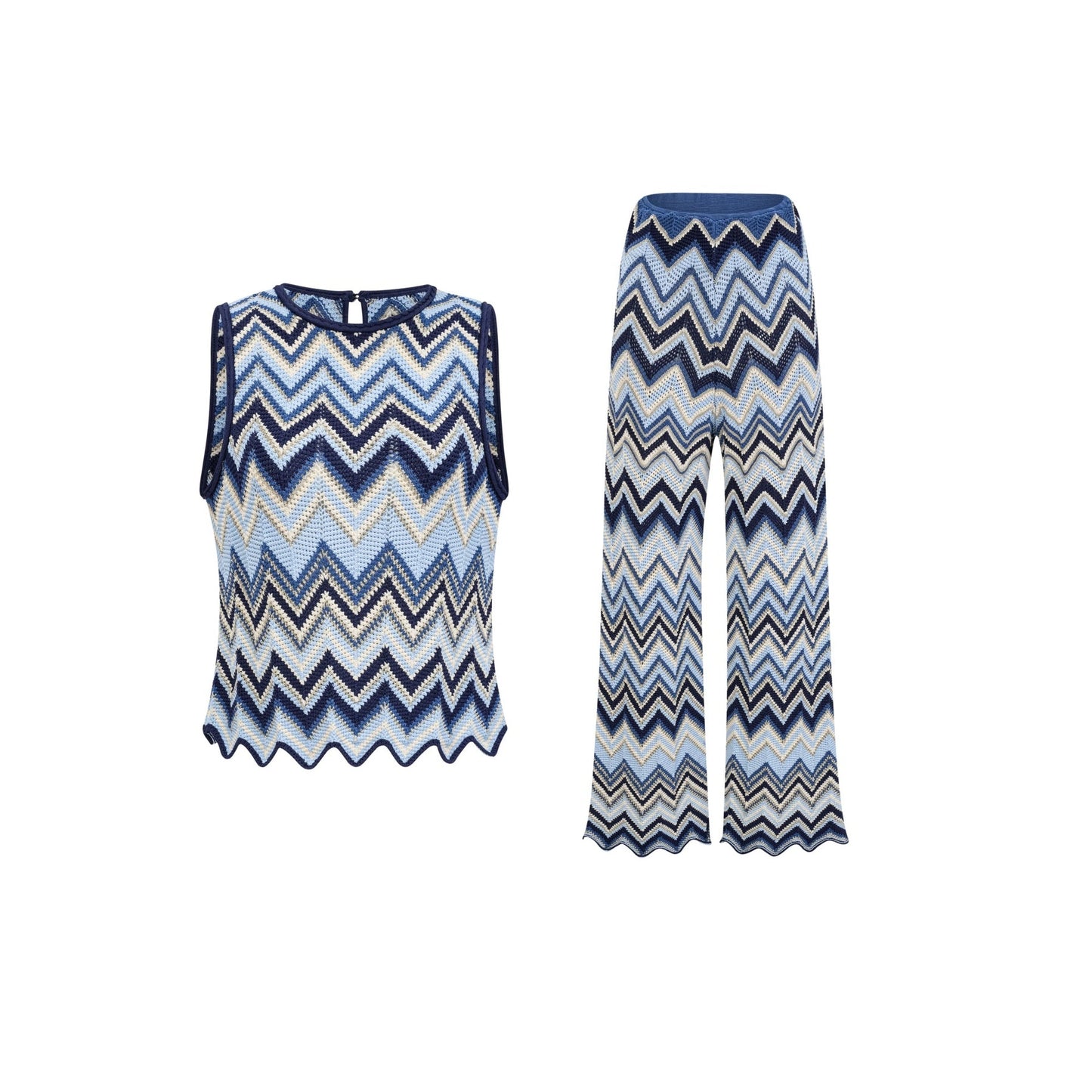 Irina blue zigzagwoven pointelleknit top trousers matching set