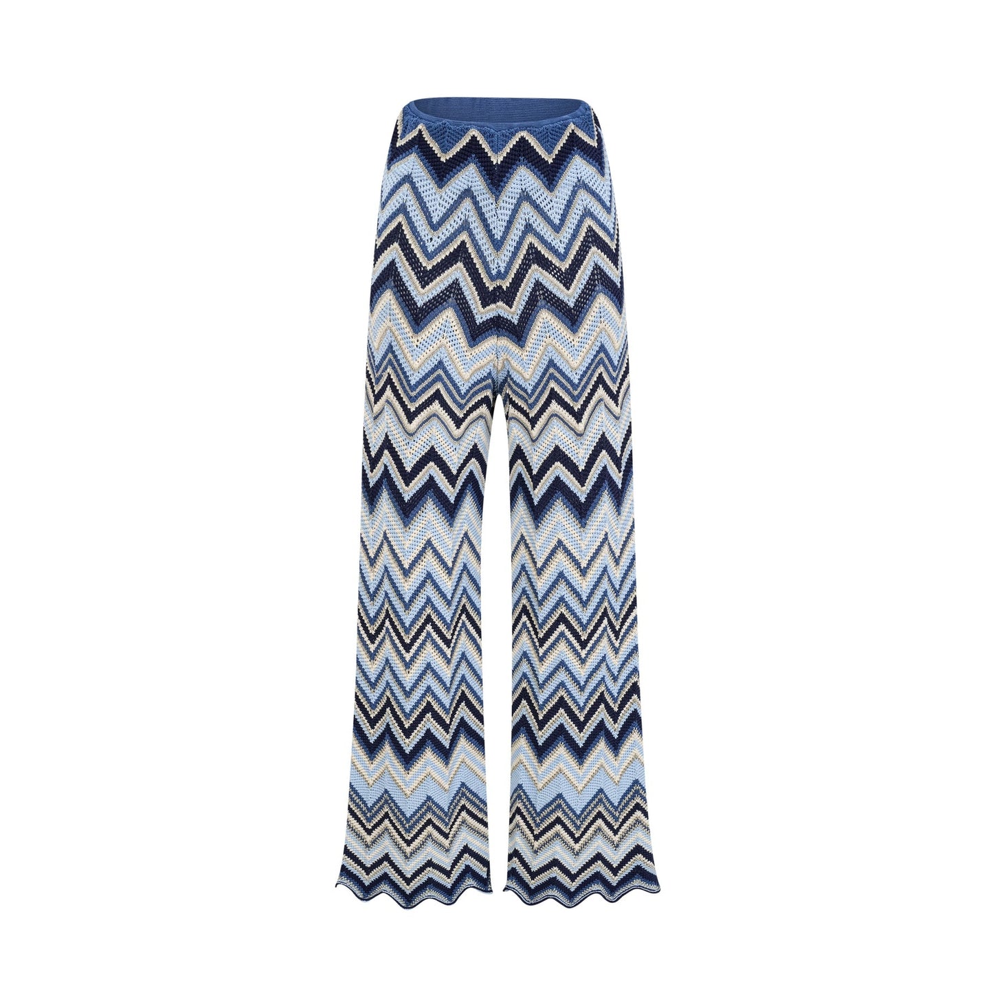 Irina blue zigzagwoven pointelleknit top trousers matching set