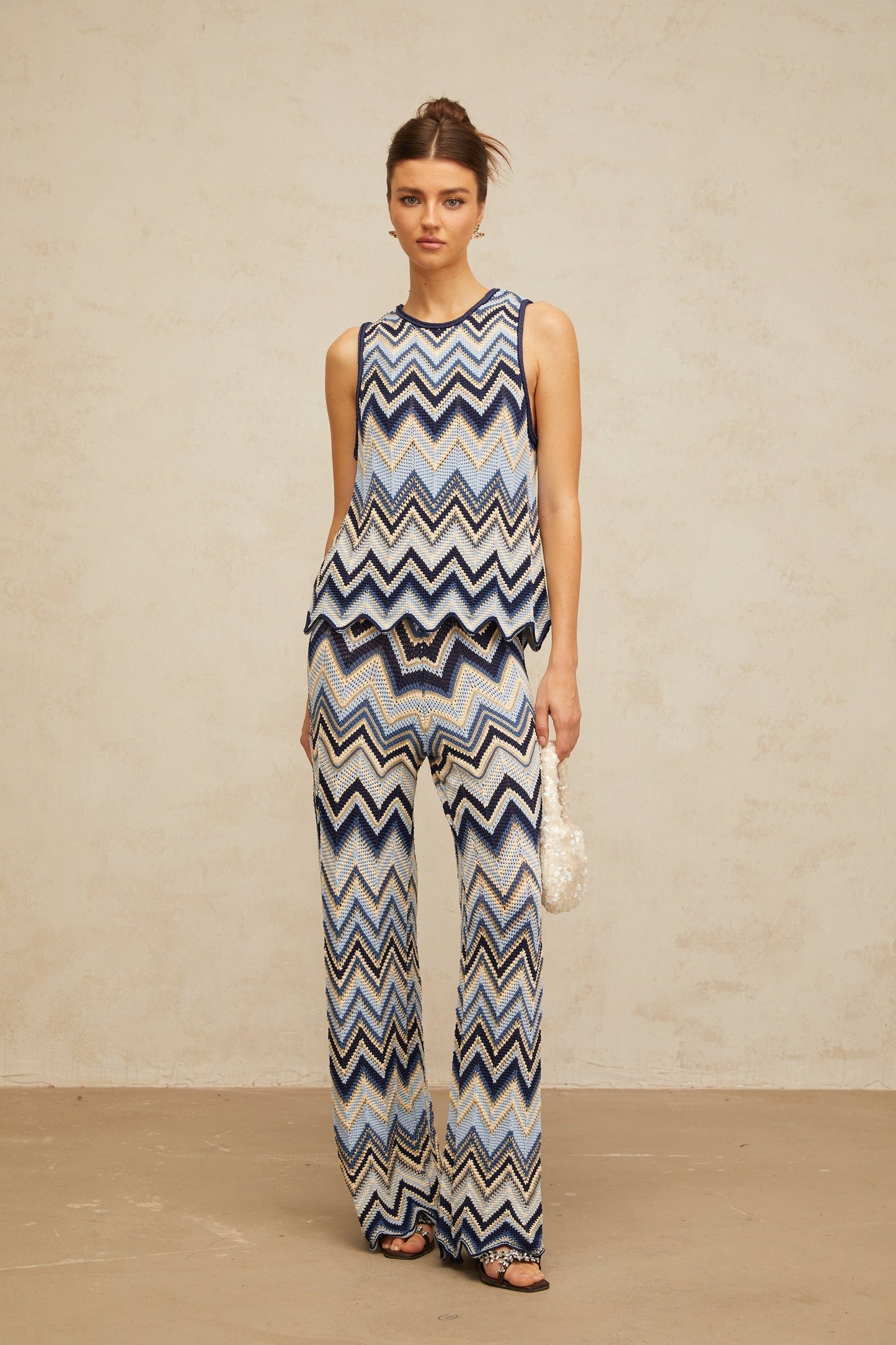 Irina blue zigzagwoven pointelleknit top trousers matching set