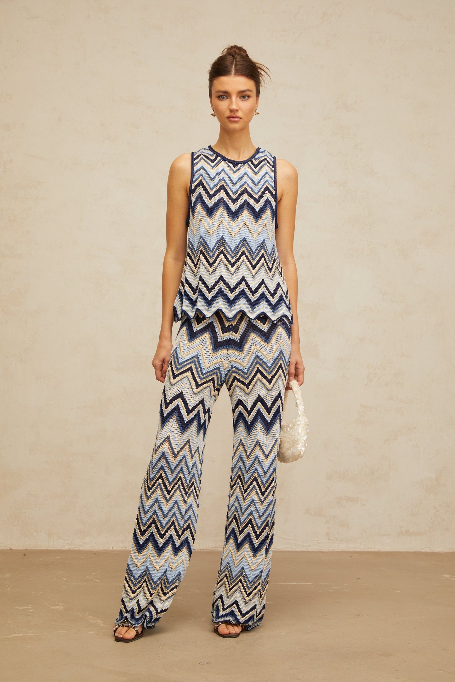 Irina blue zigzagwoven pointelleknit top trousers matching set