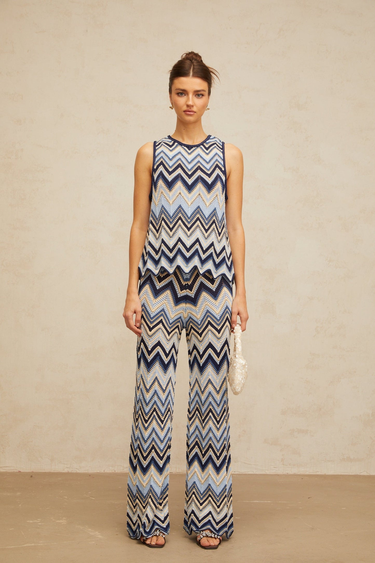 Irina blue zigzagwoven pointelleknit top trousers matching set