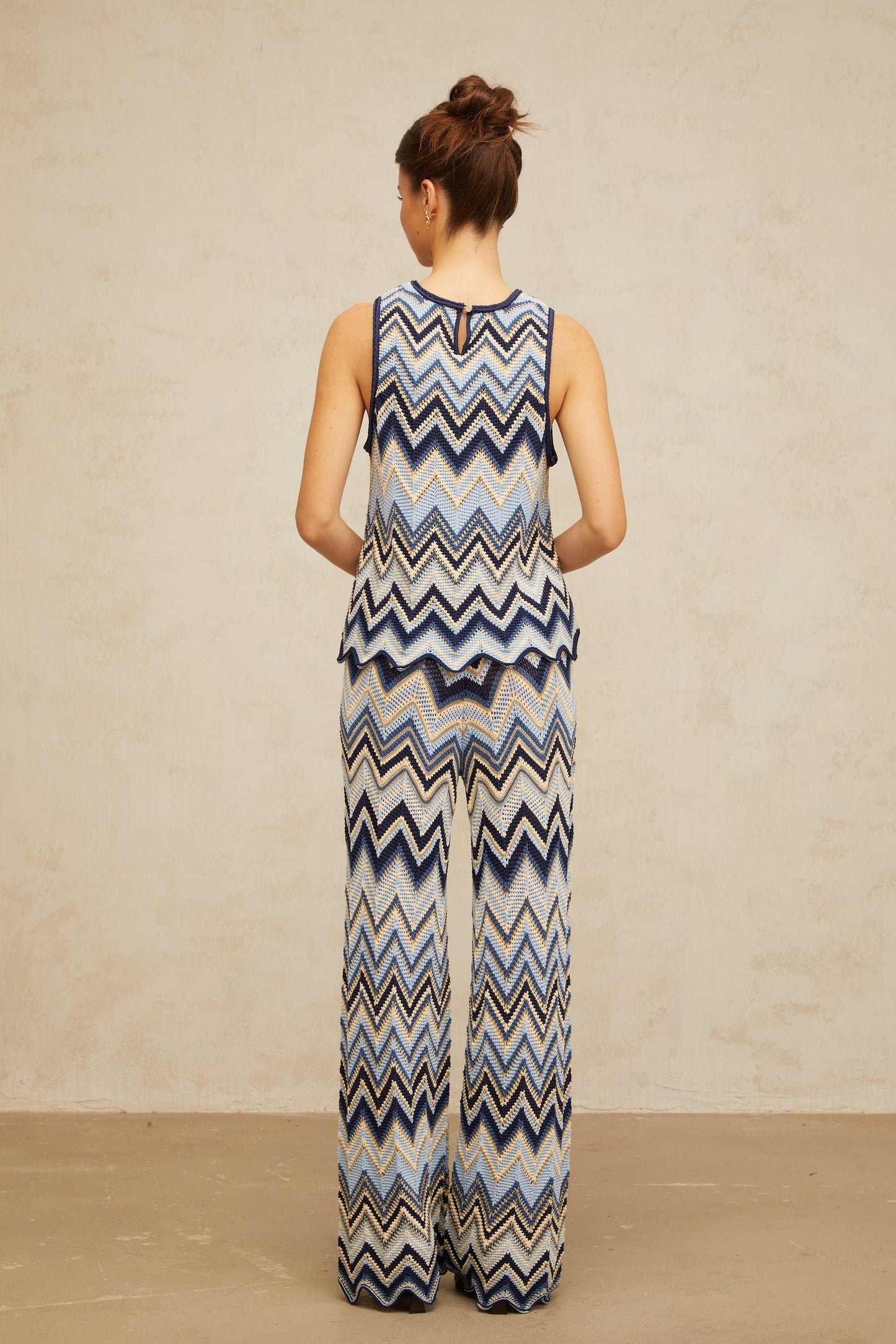 Irina blue zigzagwoven pointelleknit top trousers matching set