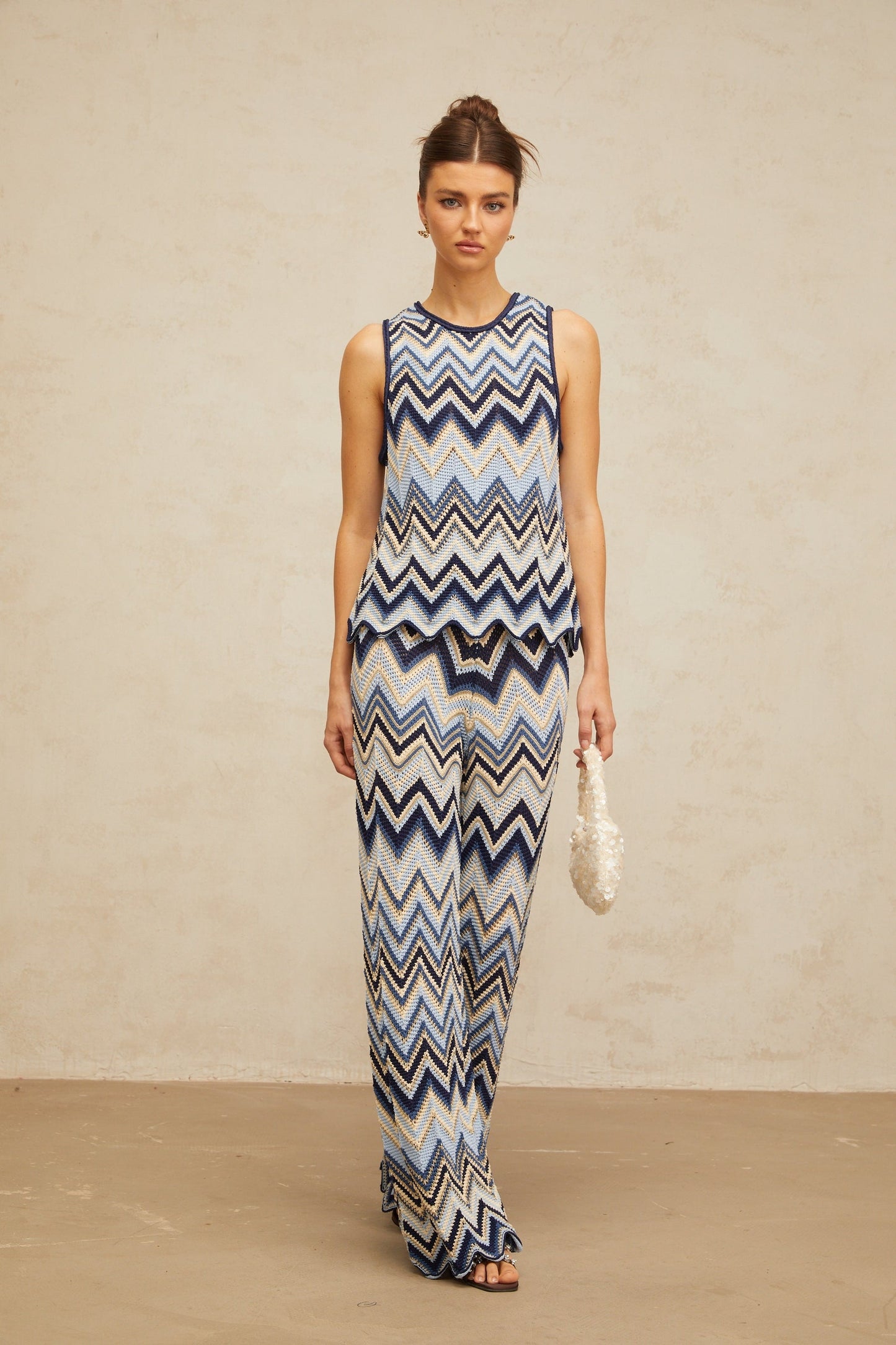 Irina blue zigzagwoven pointelleknit top trousers matching set
