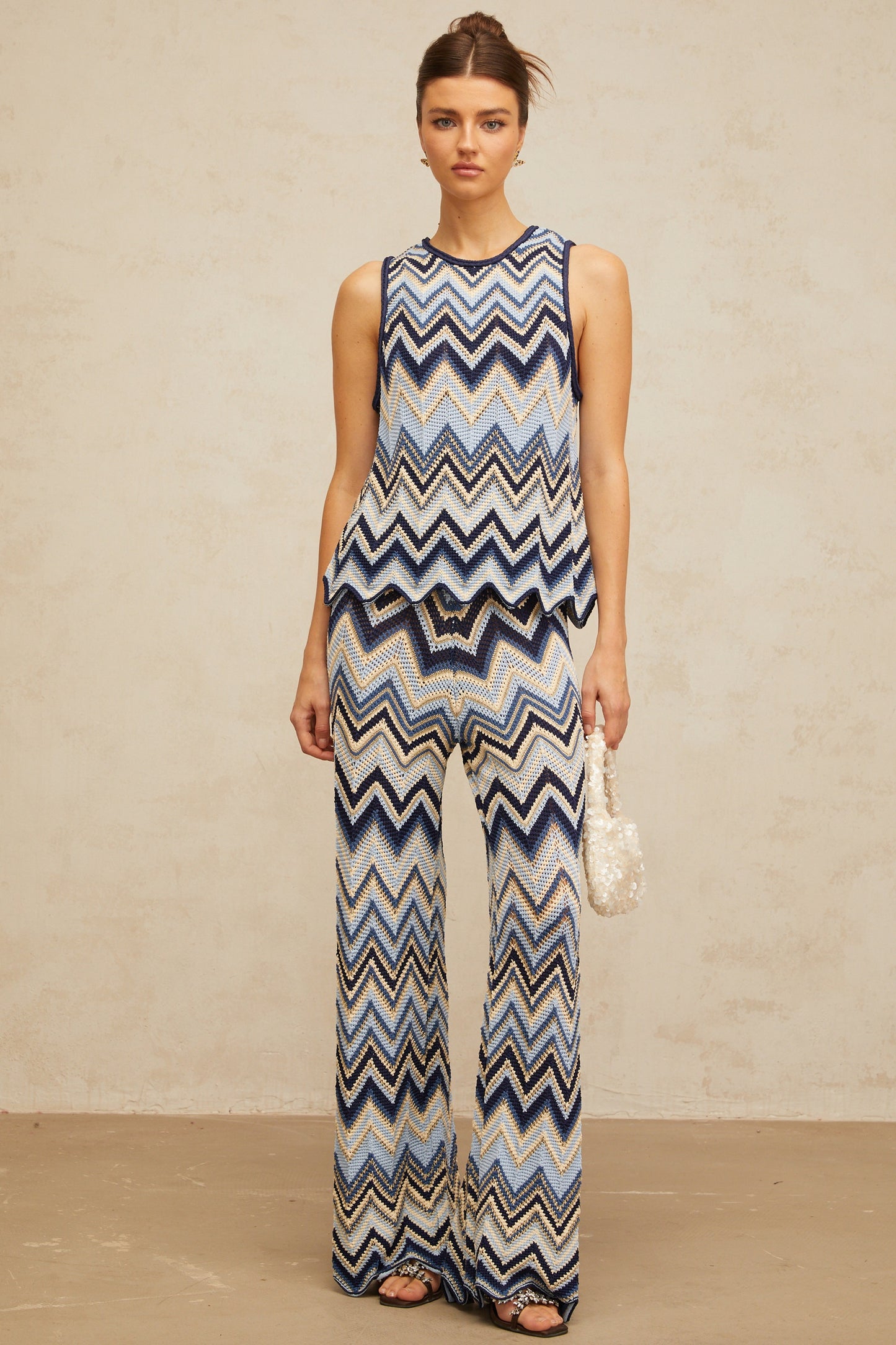 Irina blue zigzagwoven pointelleknit top trousers matching set